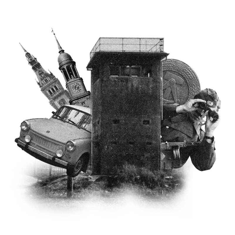 Collage: Ein Wachturm hinter welchem ein Soldat mit Fernglas, ein Trabant, der Hamburger Michel, das Rathhaus hervorschauen.
